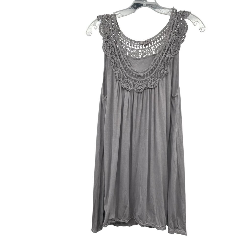 POL Womens Sleeveless Tunic Top Sleeveless Crochet Neck Gray Size Medium